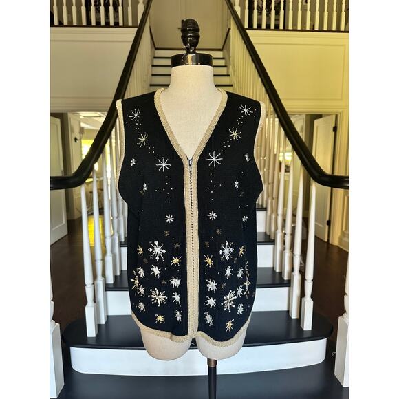 Vintage Snowflake Sweater Zip Vest Fall Winter Christmas Party Festive Beaded - Picture 3 of 12